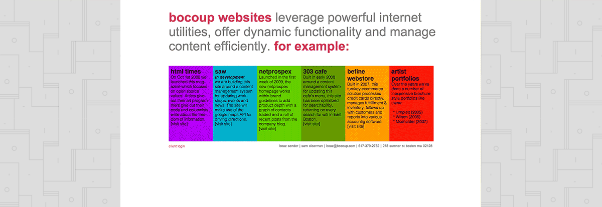 An animation cycling through screenshots of the Bocoup.com homepage redesigns over the years.