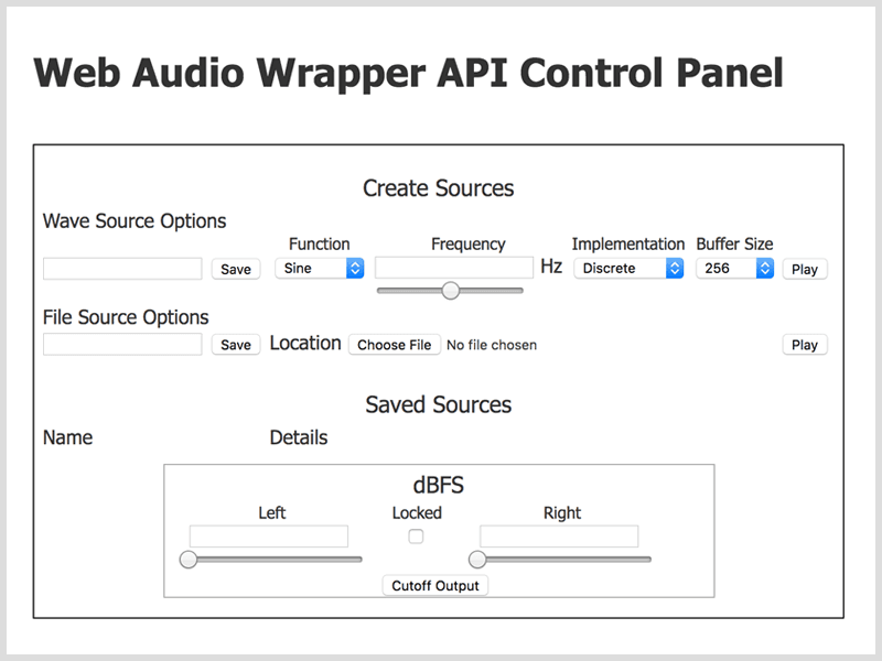 Web audio wrapper API control panel
