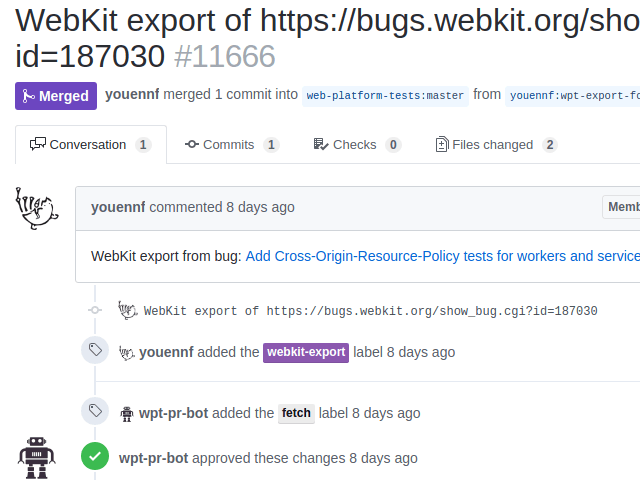 Screenshot of a successful export of tests from WebKit to WPT.