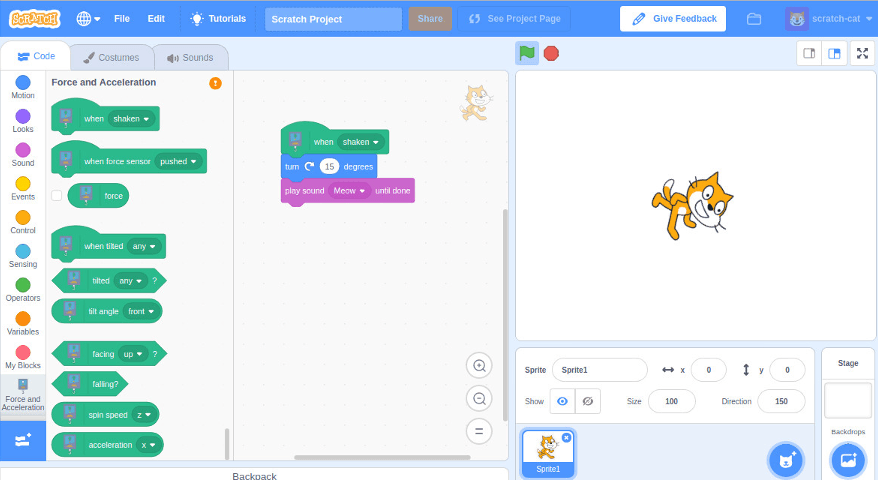 A screenshot of the Vernier GDX Force Scratch Extension in the Scratch Editor