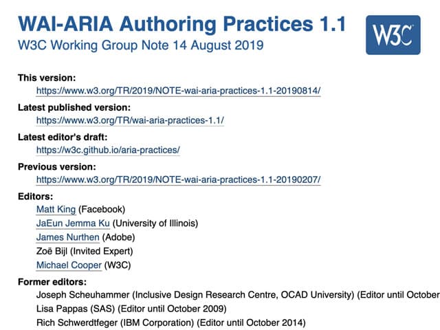 Screenshot of WAI-ARIA Authoring Practices home page
