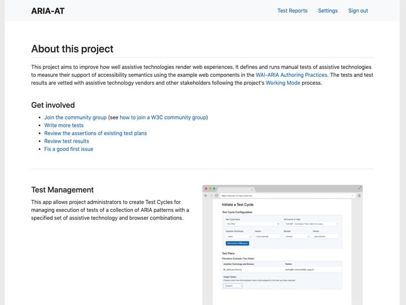 Screenshot of the homepage of the ARIA-AT app
