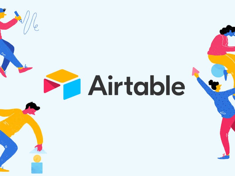 Airtable logo decorated with four illustrated characters