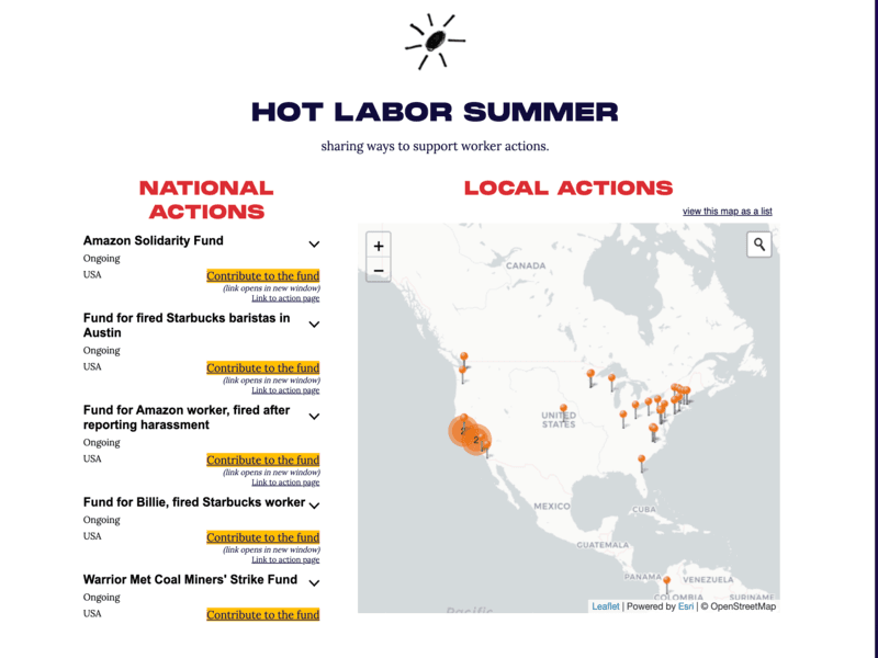 hot labor summer landing page - to the left is a list of national actions, to the right a map of local actions with orange pins designating labor battle hotspots