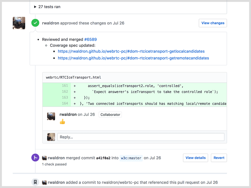 Rick Waldron approving a PR for WebRTC on Github